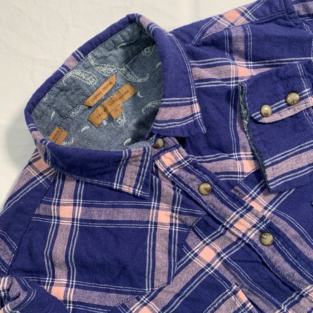 Jachs Girlfriend Sz S Blue‎ Pink Plaid Pearl Snap Side Pockets Button Up Flannel